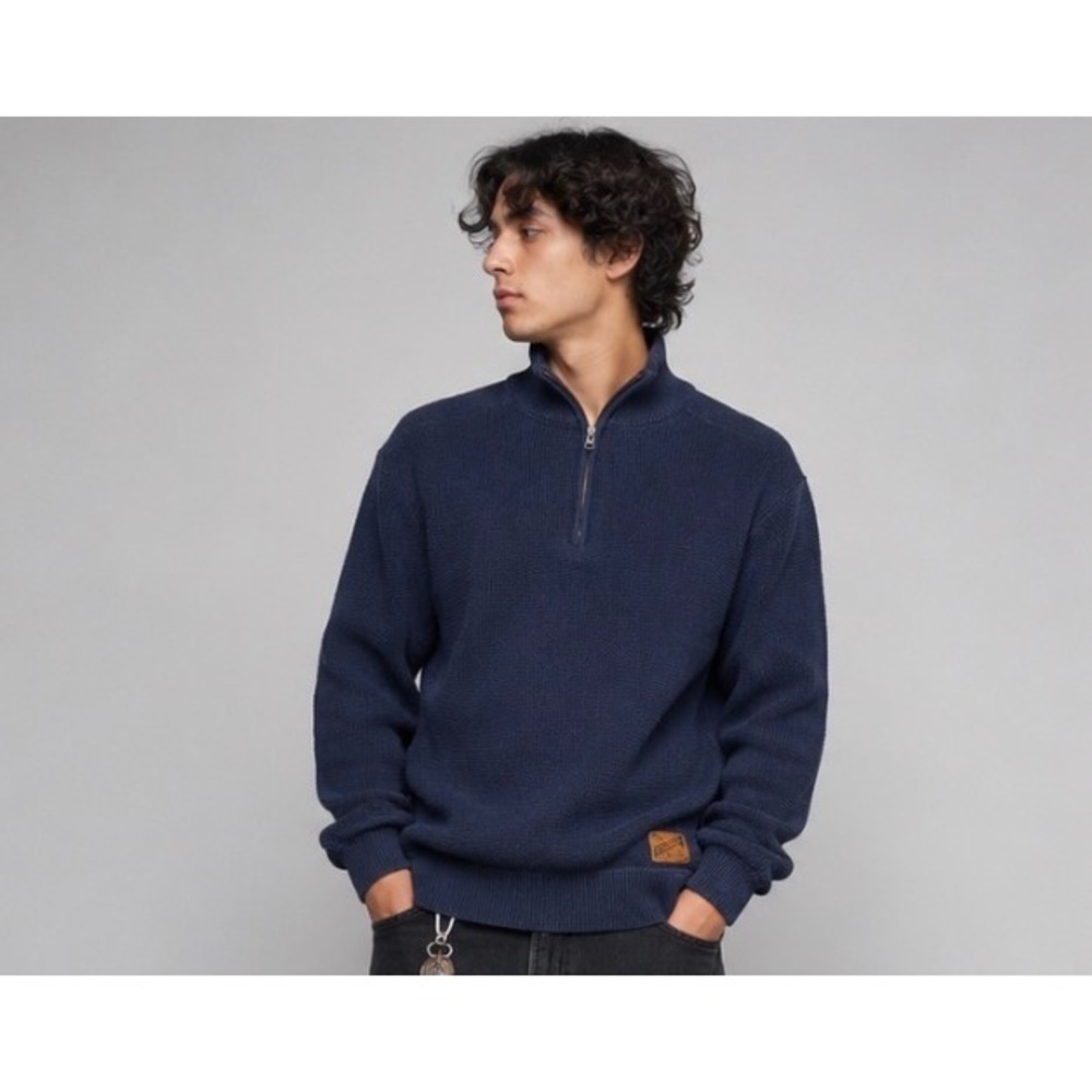 Vintage Eddie Bauer Sweater Mens Large Blue Sport Shop 1/4 Zip Waffle Knit 90s